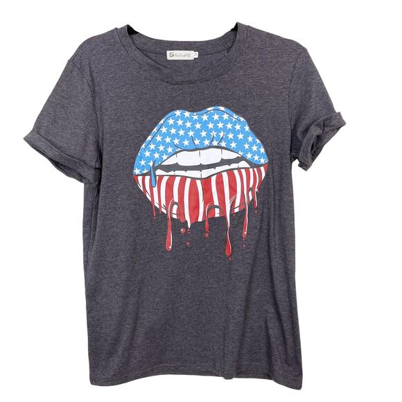 For Good PL Americana Biting Lips Graphic Tee Womens Medium M Heather Gray Crew - Picture 1 of 7